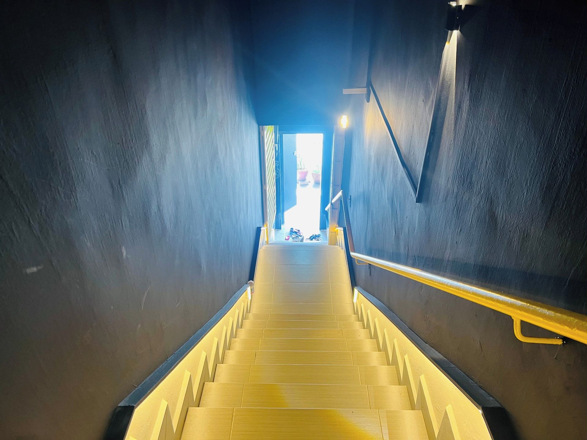 Una escalera que lleva a un espacio exterior con una puerta, una planta en maceta y una lámpara.