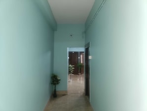 Un pasillo con paredes azul claro, una planta en maceta y una puerta que da a otra habitación.