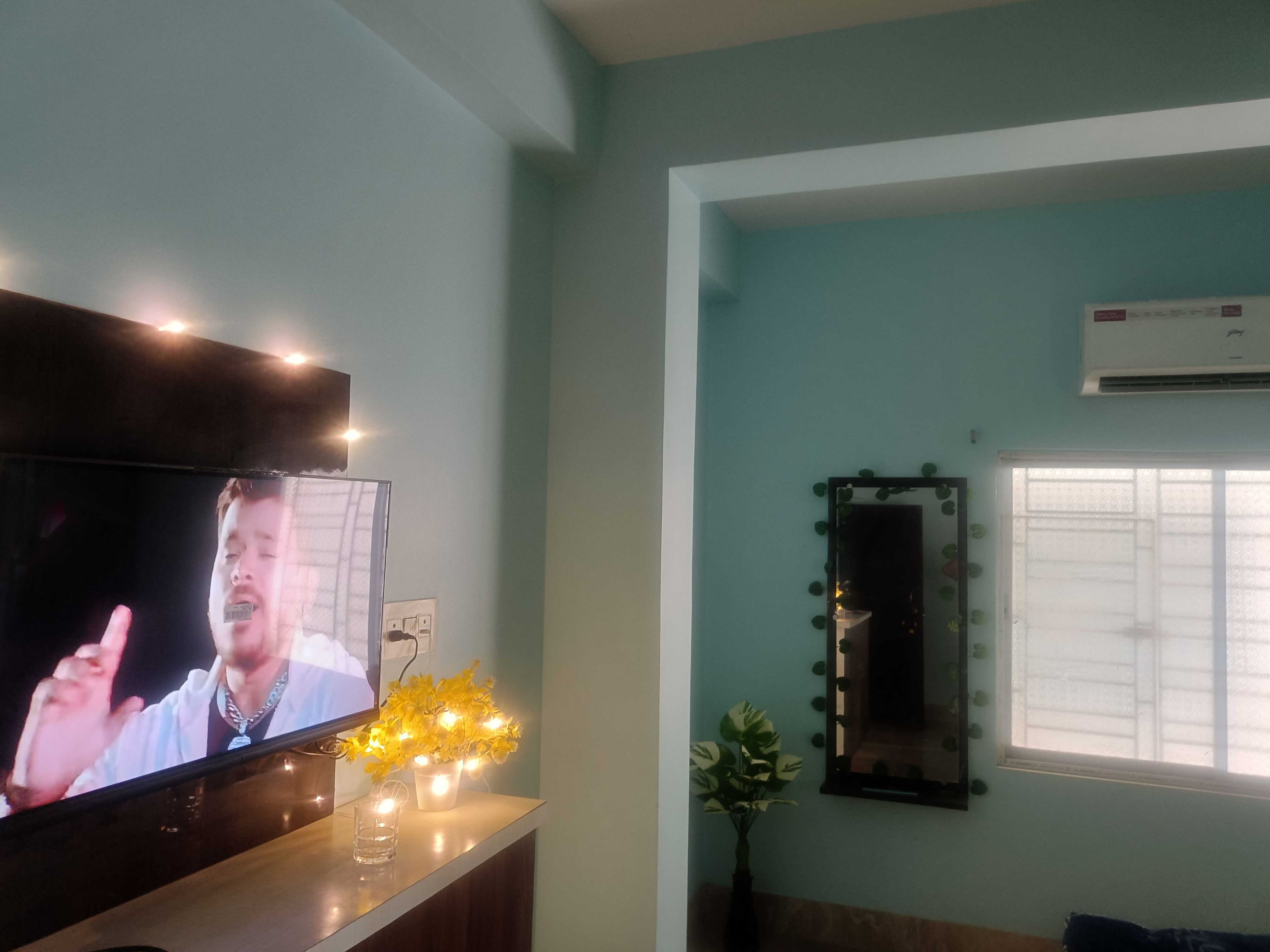 Una habitación con un televisor sobre un mueble bajo, una mesita con una planta y un vaso, y un aire acondicionado instalado en la pared.