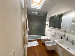 A modern bathroom with a skylight, a walk-in shower, a bidet, and a large sink. - New Listing (Firenze)
