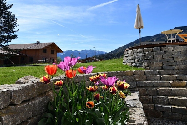 A stone wall with vibrant tulips in the foreground, a wooden building with a sloped roof in the background, and a clear blue sky. - New 2-room holiday apartment in Murnauer Moos (Schwaigen)