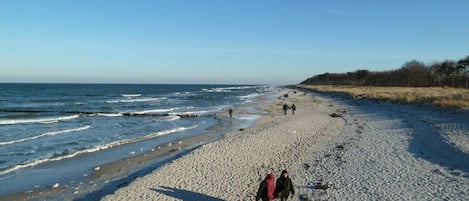 A sandy beach with people walking, a clear sky, and the ocean in the background.