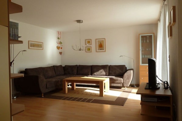 En stue med en brun sofa, et træbord og et fjernsyn på et stativ.