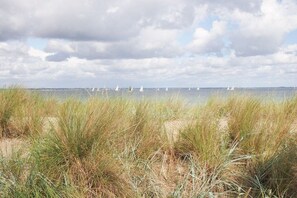 A coastal landscape with tall grasses and a view of sailboats on the water. - Timmare III "Porthole" (Timmendorfer Strand)