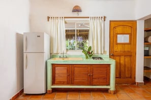 Una cocina compacta con un refrigerador, un lavamanos y un armario de madera.