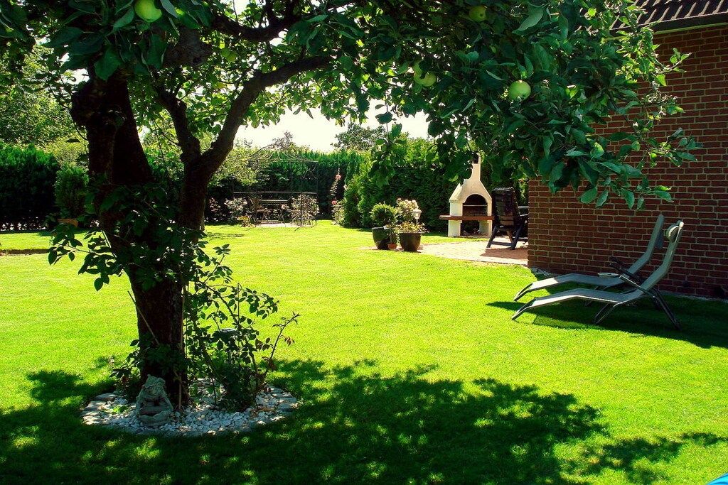 A well-maintained lawn with a tree, a brick building, and a barbecue area.