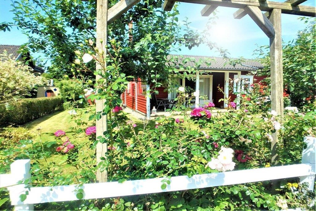 A garden with a wooden pergola, a red building with a door, and various flowering plants.