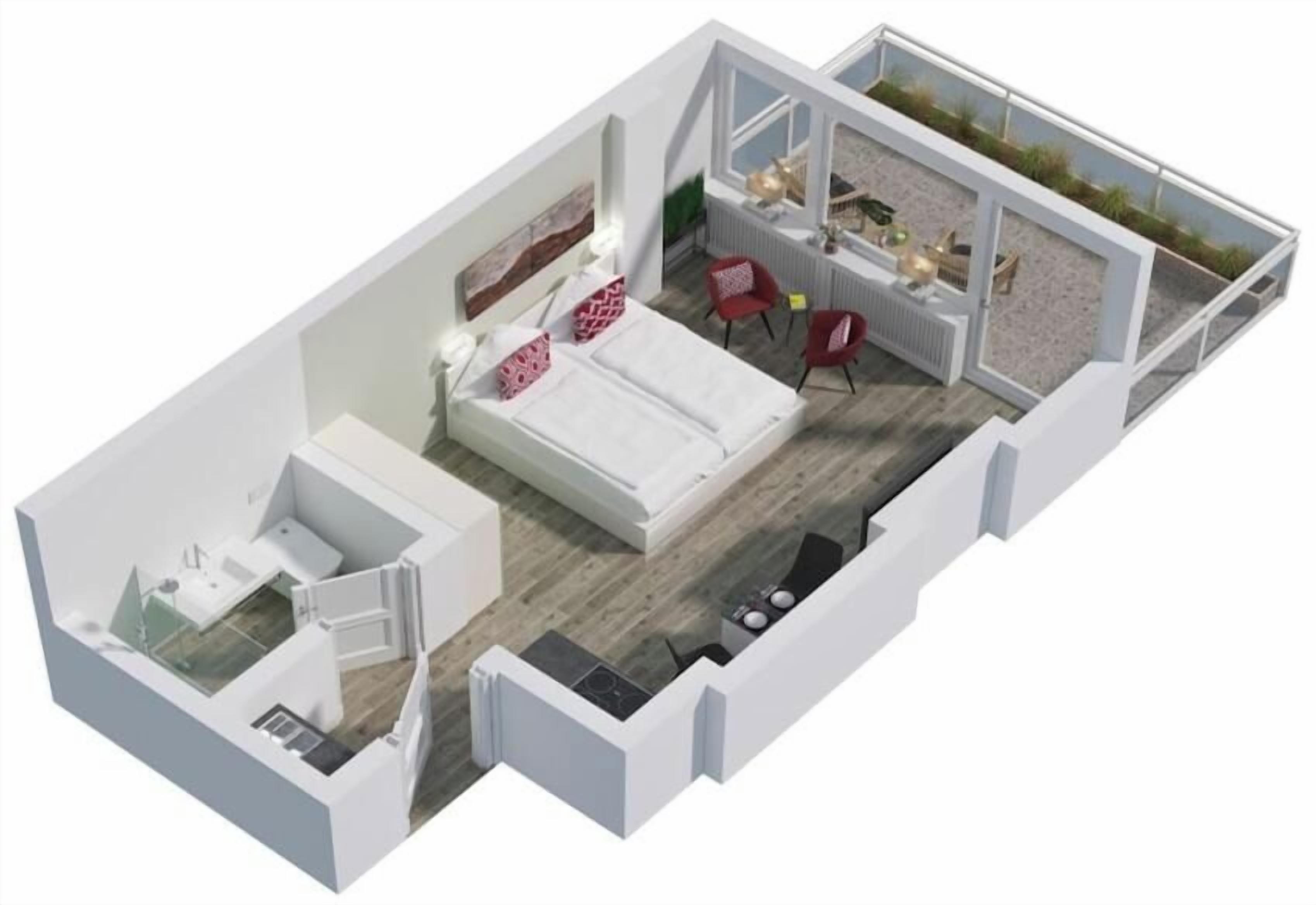 A 3D model of a hotel room with a bed, a sitting area with a table and chairs, a small kitchenette, and a balcony with a view.