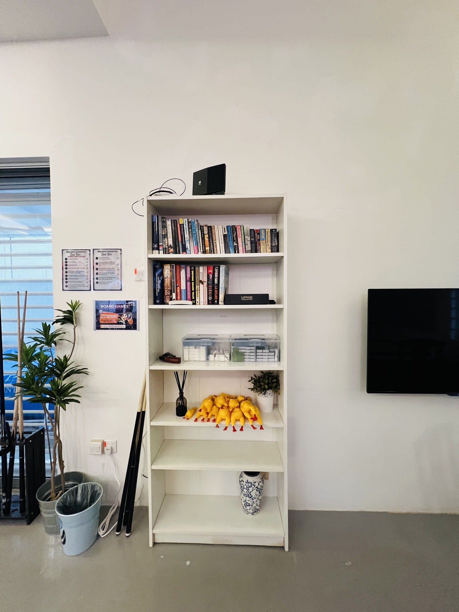 Une bibliothèque blanche avec des livres, un téléviseur et des objets de décoration.