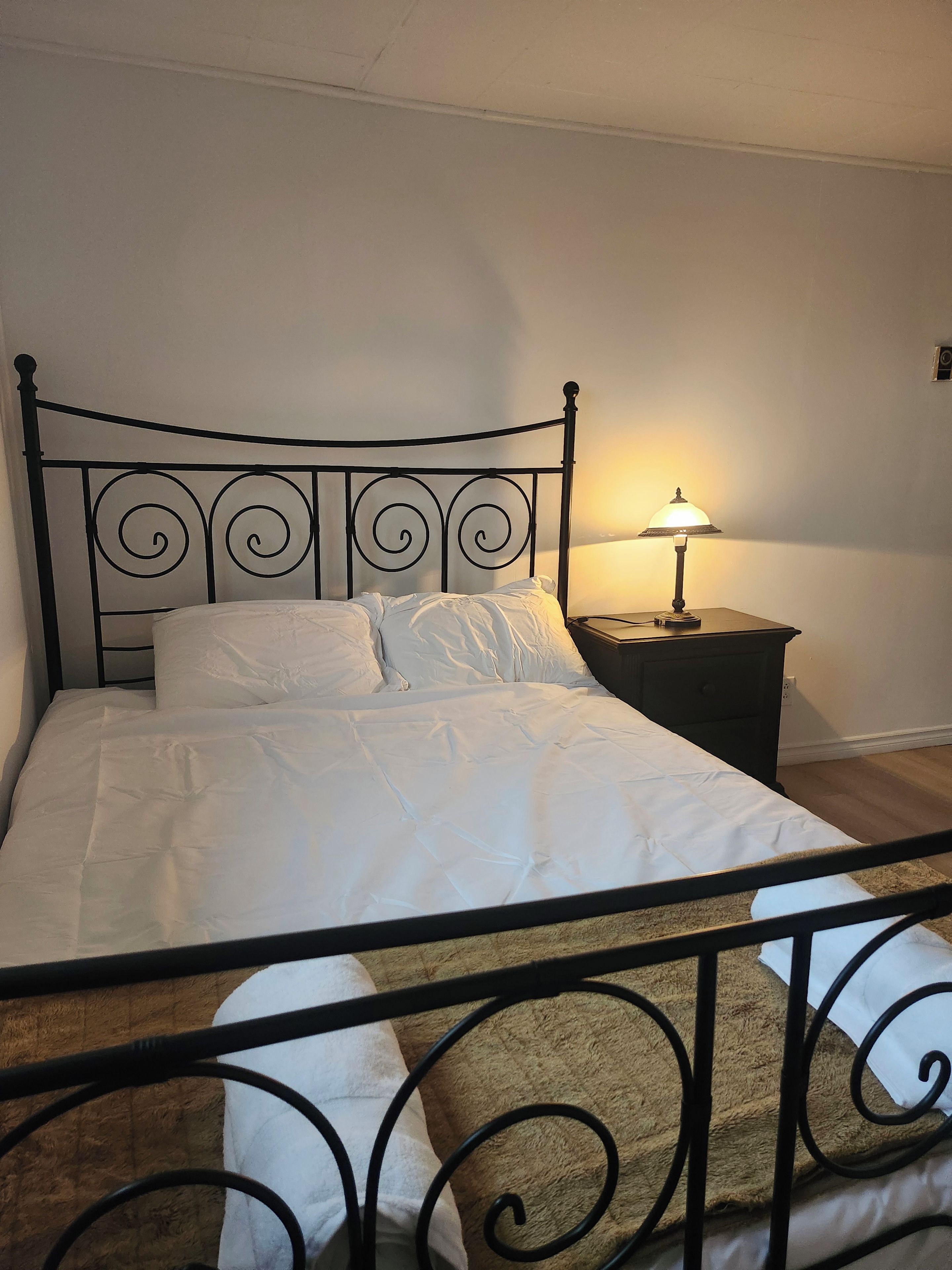 Un lit avec une tête de lit en métal, une table de chevet avec une lampe et un sol recouvert d’une moquette.
