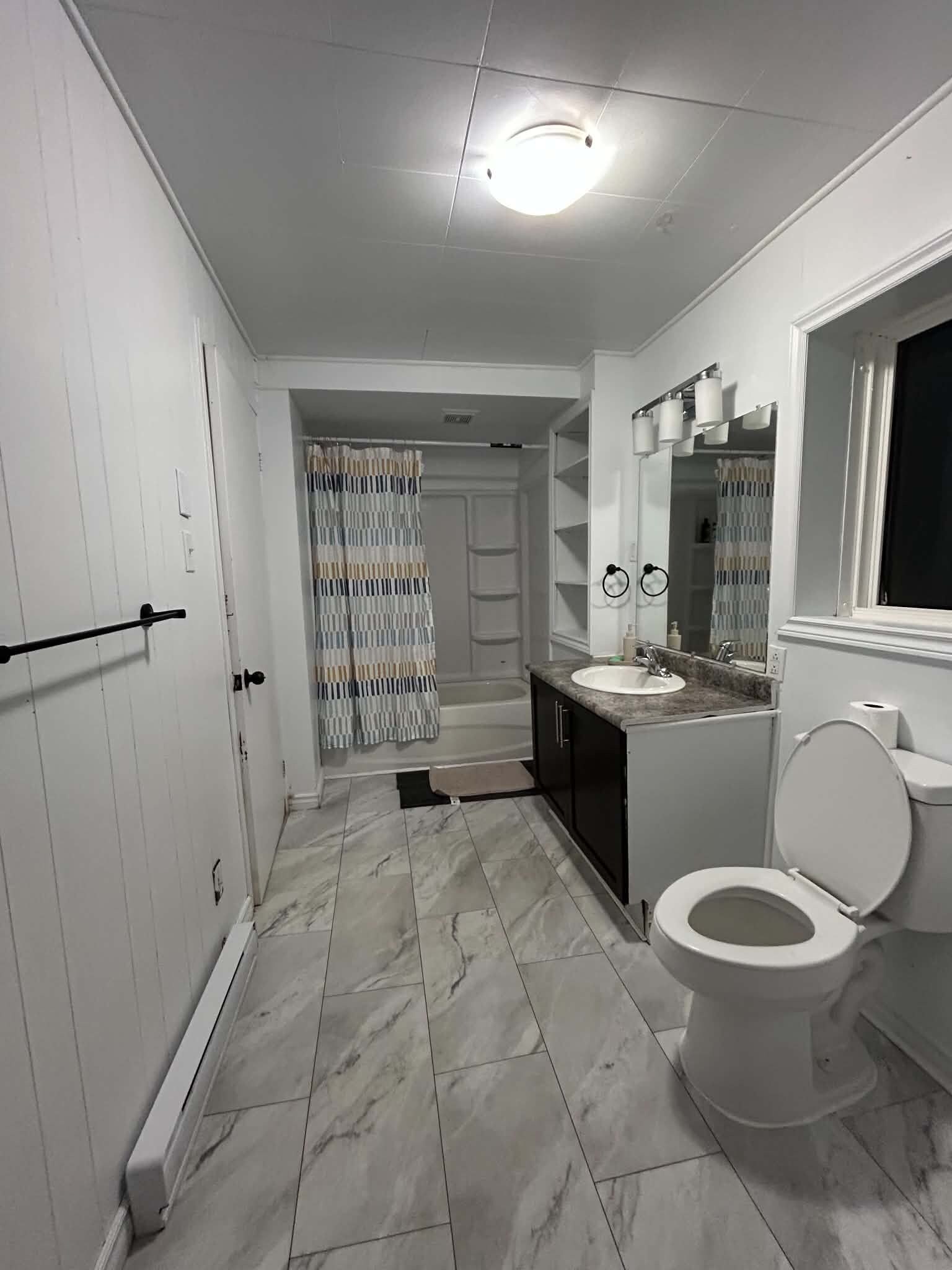 A bathroom with a toilet, sink, mirror, and shower area.