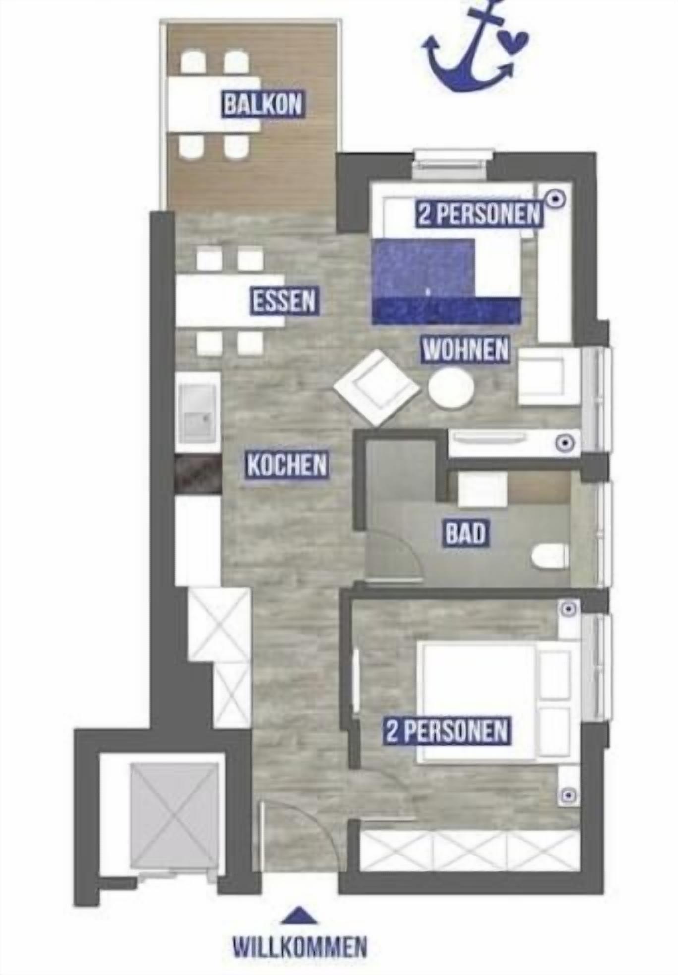 A hotel floor plan with a balcony, two-person rooms, a kitchen, a bathroom, and a living area.