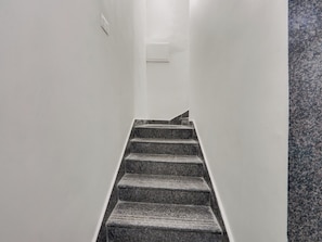 A staircase with a handrail and carpeted steps leading to a landing.