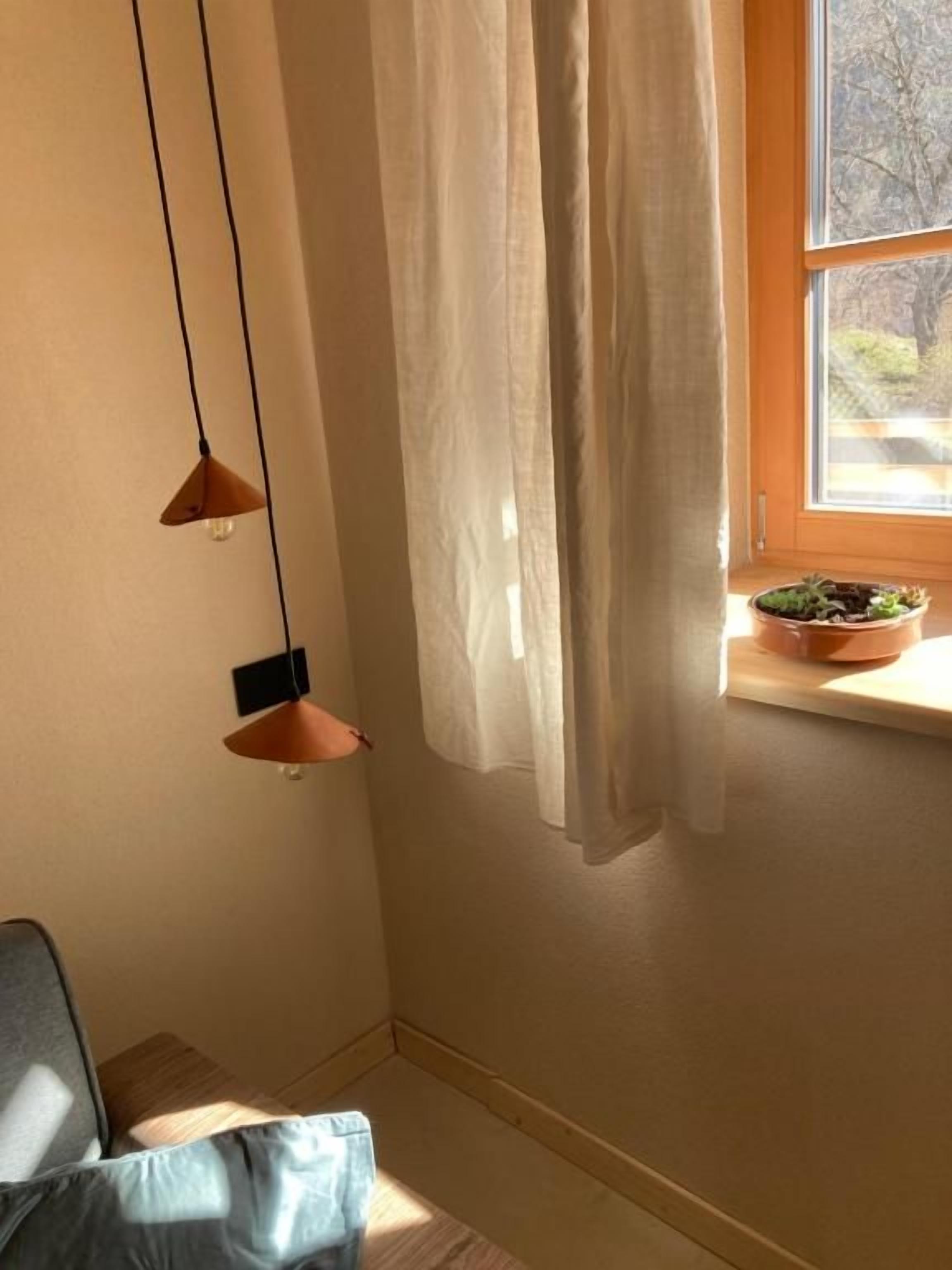 Ein Zimmer mit Fenster, einer Topfpflanze auf der Fensterbank und einer Pendelleuchte.