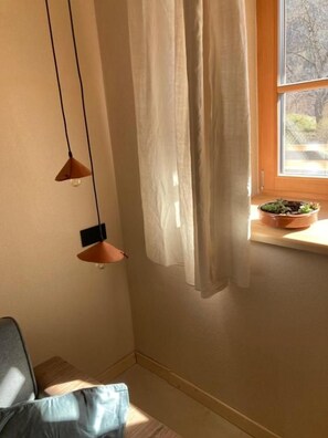 A room with a window, a potted plant on the sill, and a hanging light fixture.