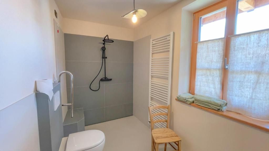 Ein kleines Badezimmer mit Dusche, Toilette und einem Fenster mit Blick.
