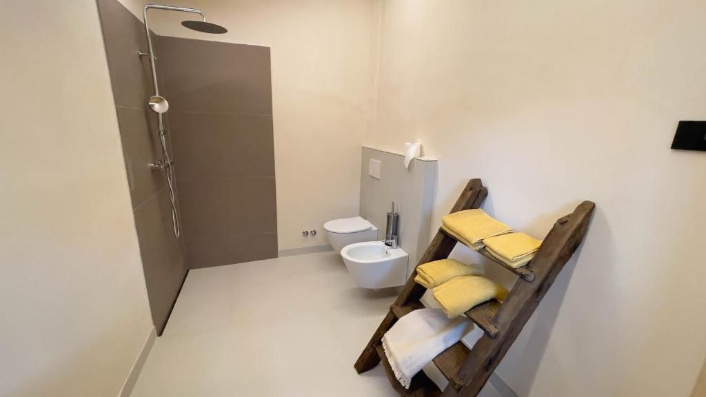 Une salle de bain avec douche, toilettes et une étagère en bois où sont posées des serviettes.