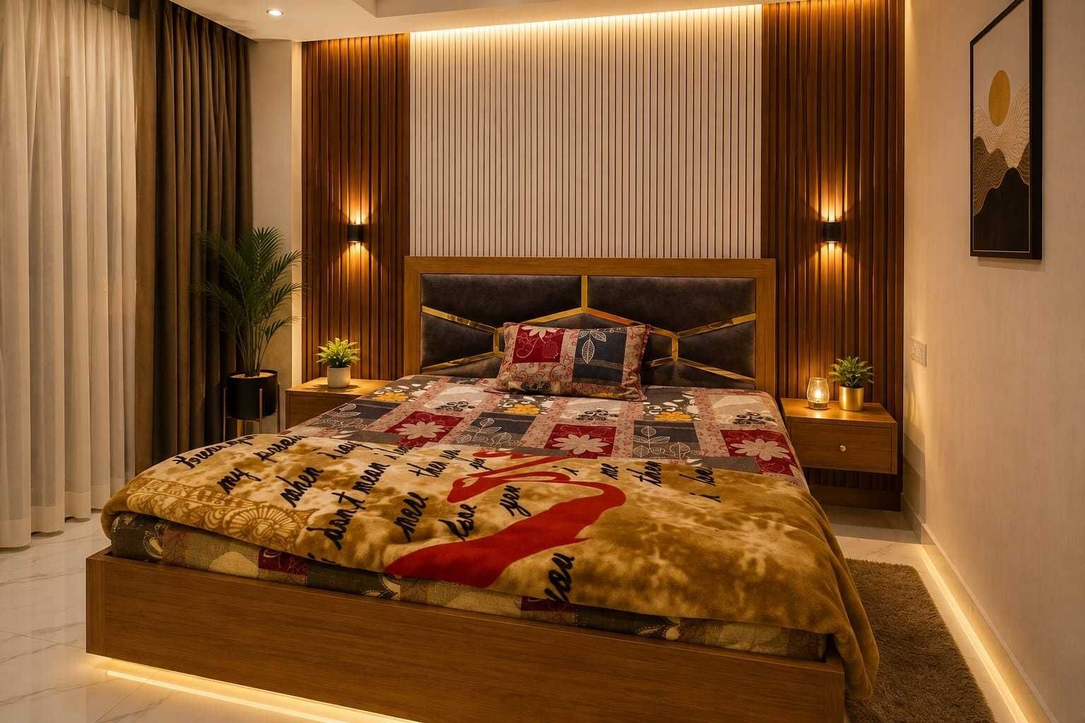 Une chambre à coucher moderne avec un grand lit, une tête de lit en bois et une courtepointe au motif original.