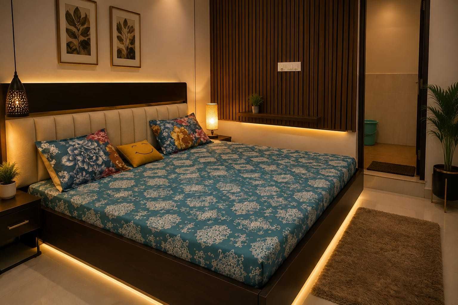 Une chambre à coucher moderne avec un lit, des tables de chevet, une petite table, une étagère murale et une plante en pot.
