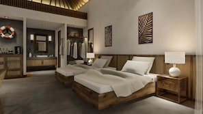 Un dormitorio moderno con una cama grande, mesitas de noche, un espejo y vistas al baño.