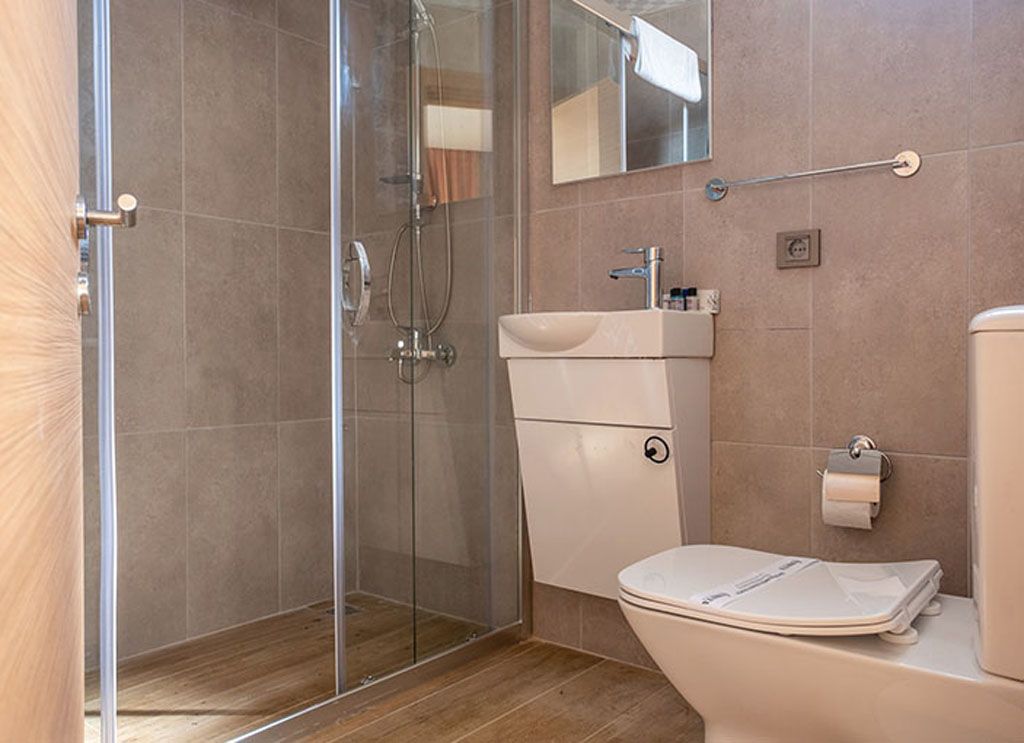 A bathroom with a glass-enclosed shower, a white toilet, and a sink with a mirror above it.