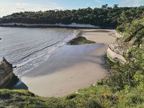 A coastal landscape with a sandy beach, rocky outcrops, and dense greenery. - New Listing (Meschers-sur-Gironde)