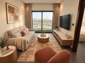 A modern living room with a sofa, coffee table, and chairs, a flat-screen TV, and a view of a city skyline through large windows. - Luxury Dubai Apartment Burj-Khalifa View (Dubai)