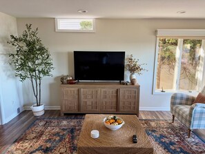 A living room with a flat-screen TV on a wooden cabinet, a large potted plant, a bowl of fruit on a woven coffee table, and a plaid sofa. - Welcoming 2-bedroom home on the shores of Lake Chautauqua (Lakewood)