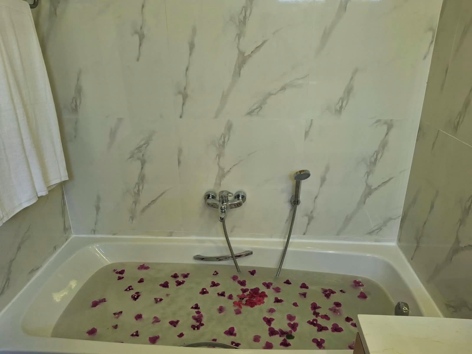 Une salle de bain avec une baignoire remplie de pétales de rose, une pomme de douche et une serviette accrochée au mur.