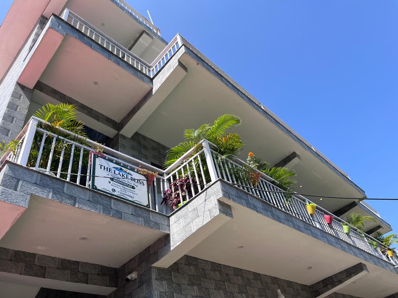 Un edificio de varios pisos con balcones, algunos con barandas y plantas en macetas.