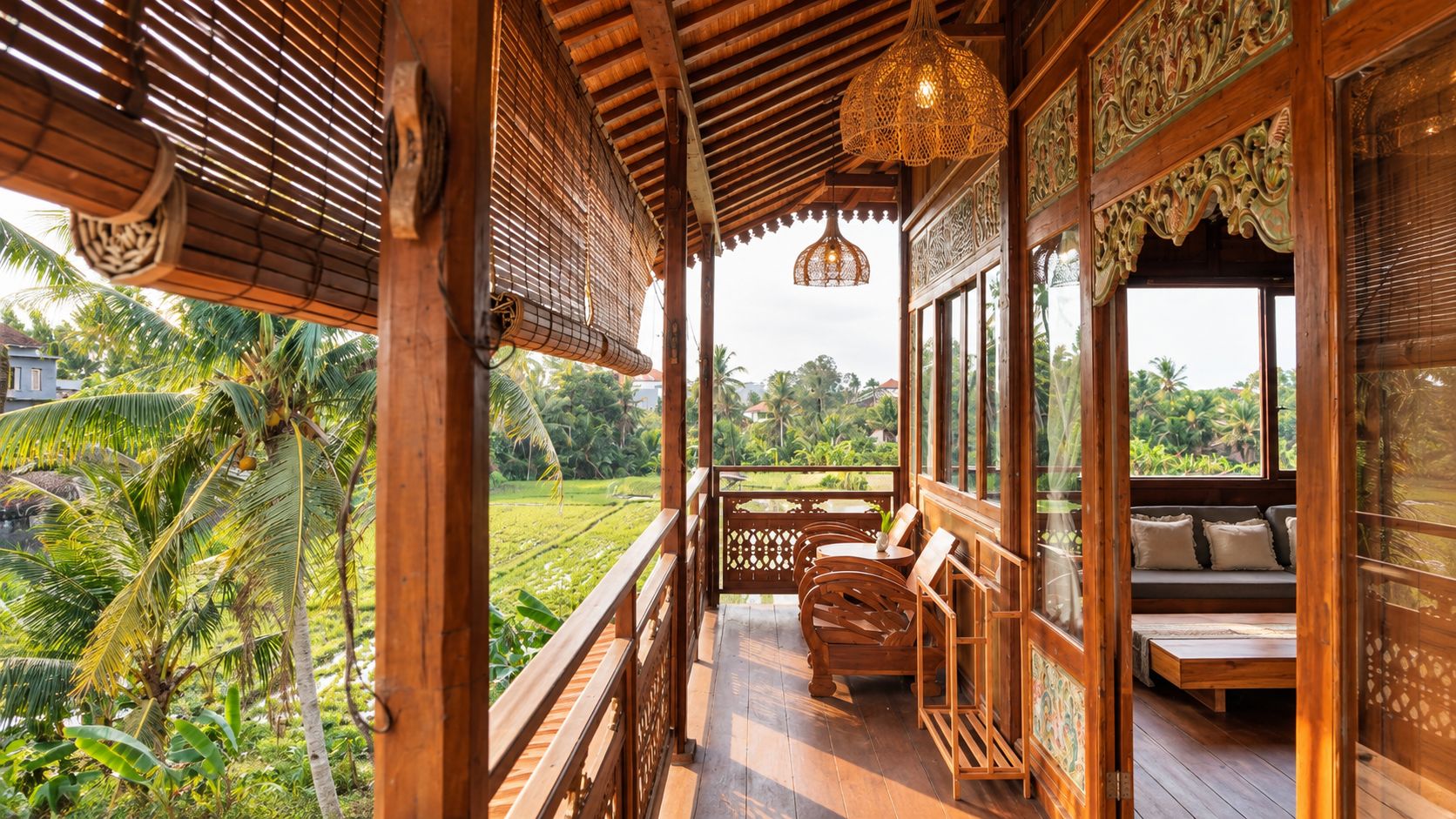 A wooden balcony with a view of a lush garden and a traditional wooden structure with intricate carvings.