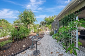 A garden with various plants and a bird feeder. - Magnolia House Sarasota (Sarasota)