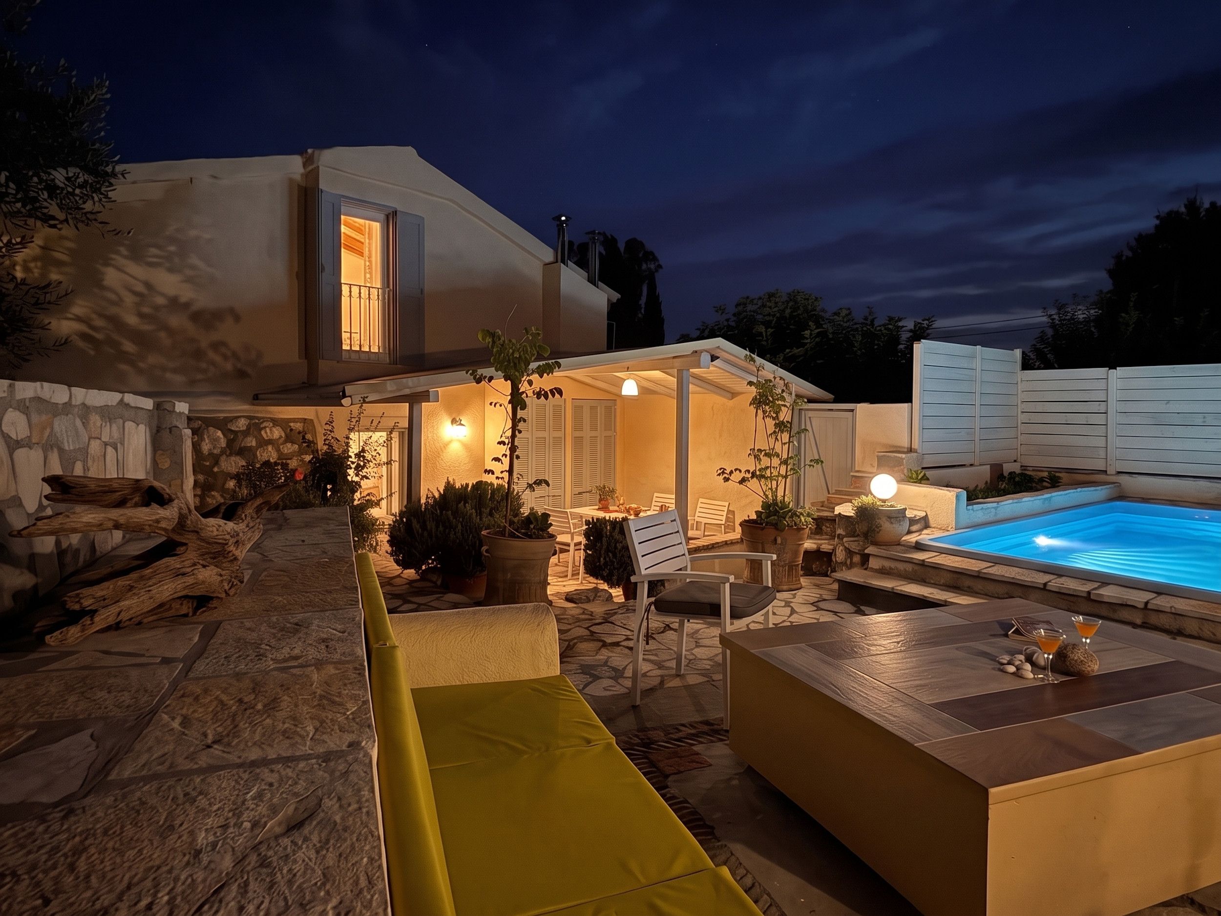 Un espace aménagé au bord de la piscine, avec un mur en pierre, un coin salon abrité et une piscine dont l’eau est illuminée.