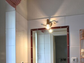 Ein Badezimmer mit einem großen Spiegel, einer Deckenleuchte und einem Handtuchhalter.