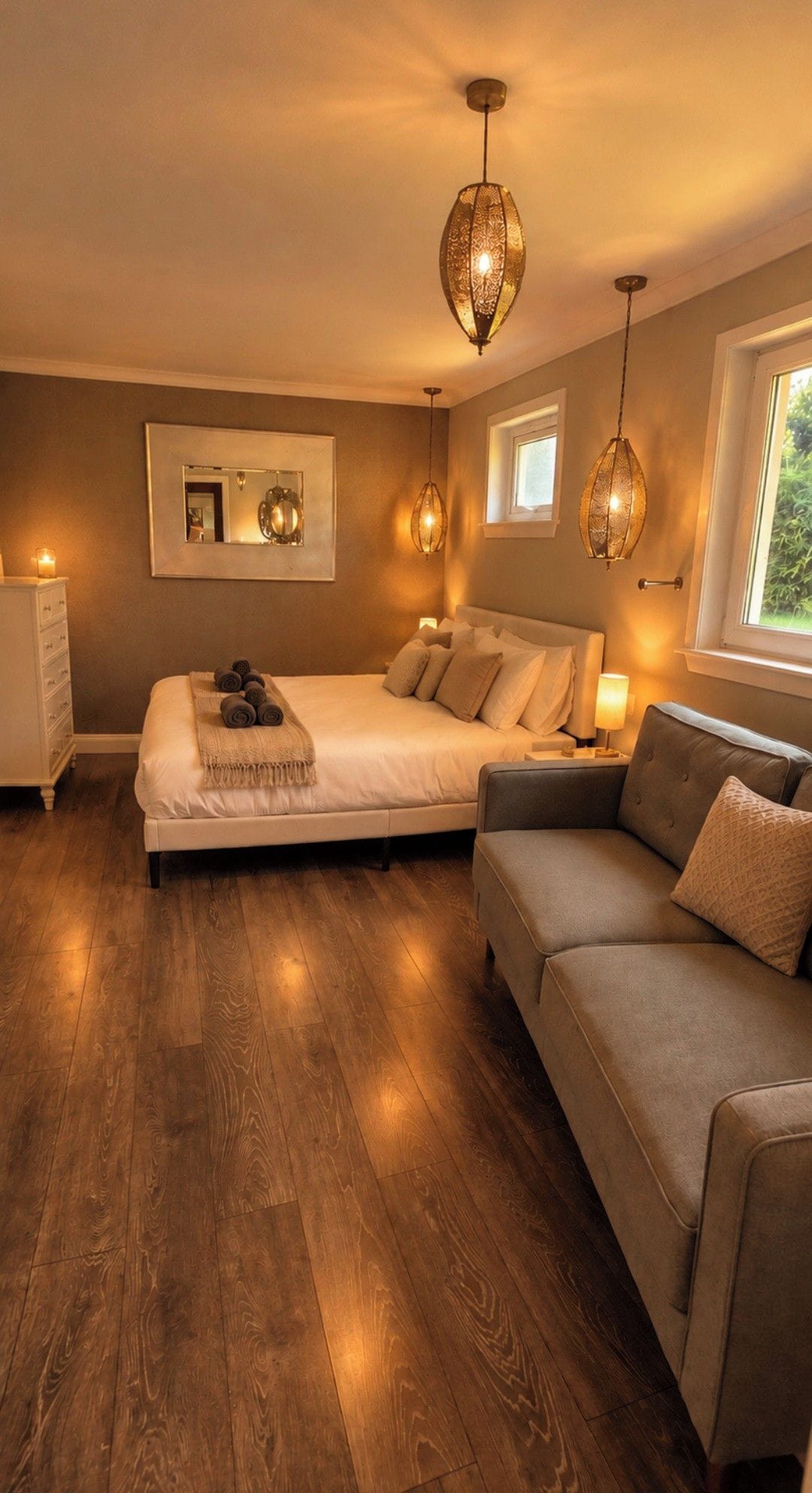 A bedroom with a large bed, a sofa, two pendant lights, a mirror, and a window.