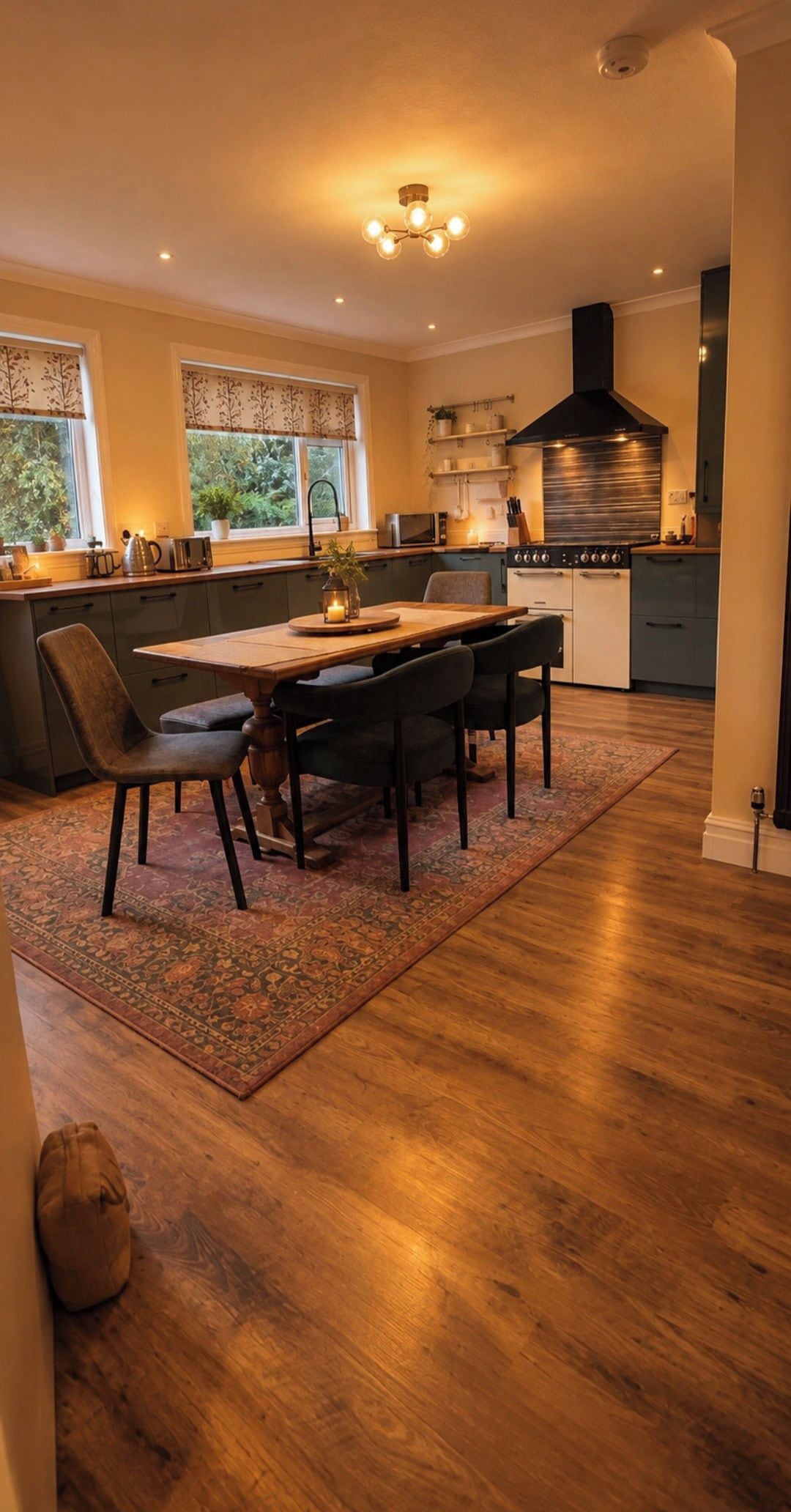 A modern kitchen with a dining area, wooden flooring, and a large window.