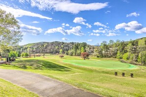 Ein Golfplatz mit gepflegtem Grün, einer deutlichen Laufbahn und vereinzelten Bäumen.