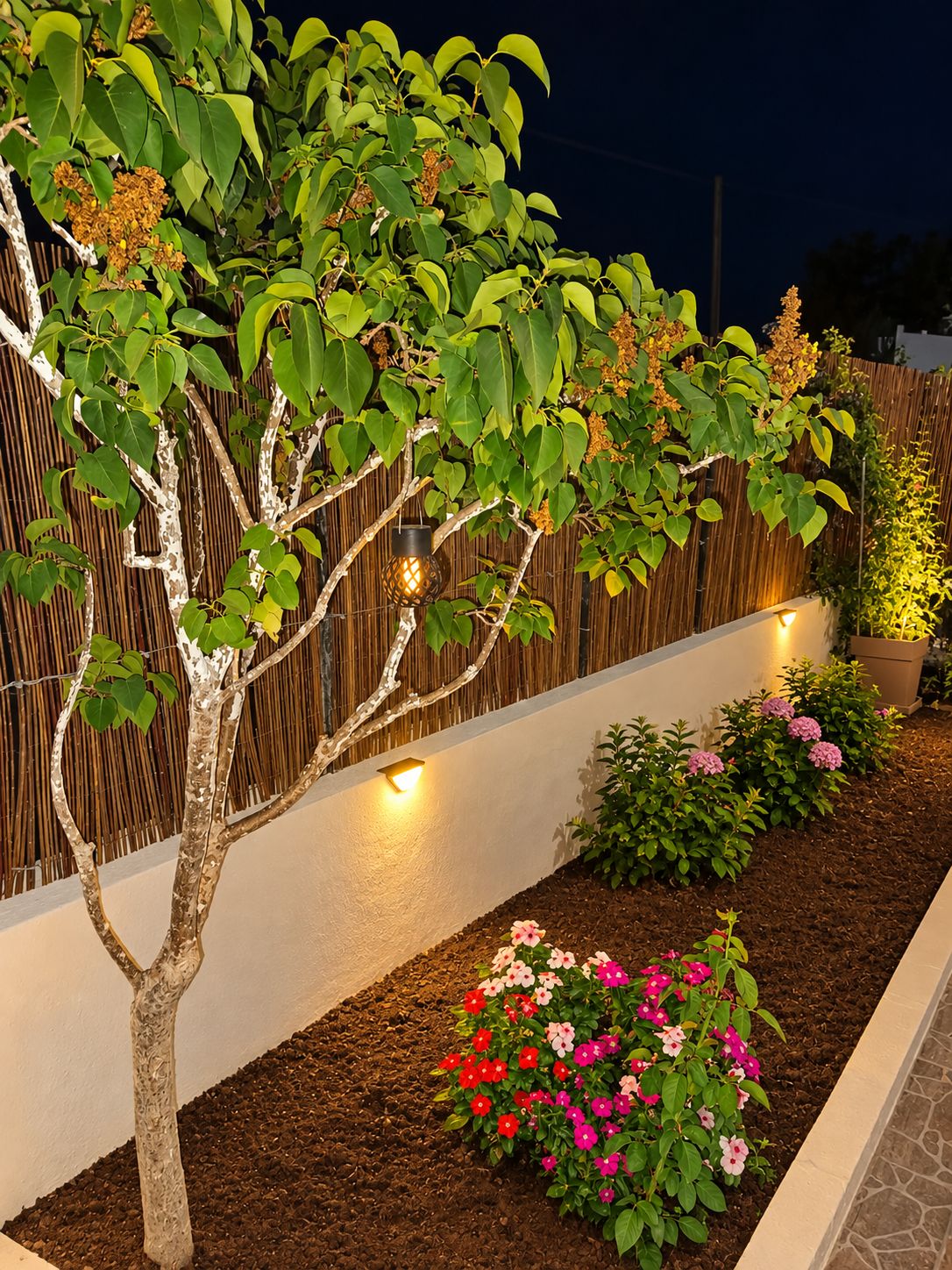 A landscaped garden with a tree, flowering plants, and a bamboo fence at night.