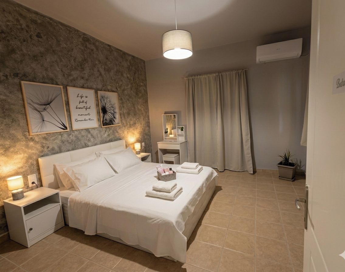 Une chambre à coucher avec un grand lit, des tables de chevet, un luminaire suspendu, un miroir, une fenêtre avec des rideaux et des œuvres d’art murales.
