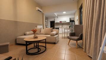 A modern living room with a sofa, armchair, and a coffee table. There is a kitchen in the background with a dining area.