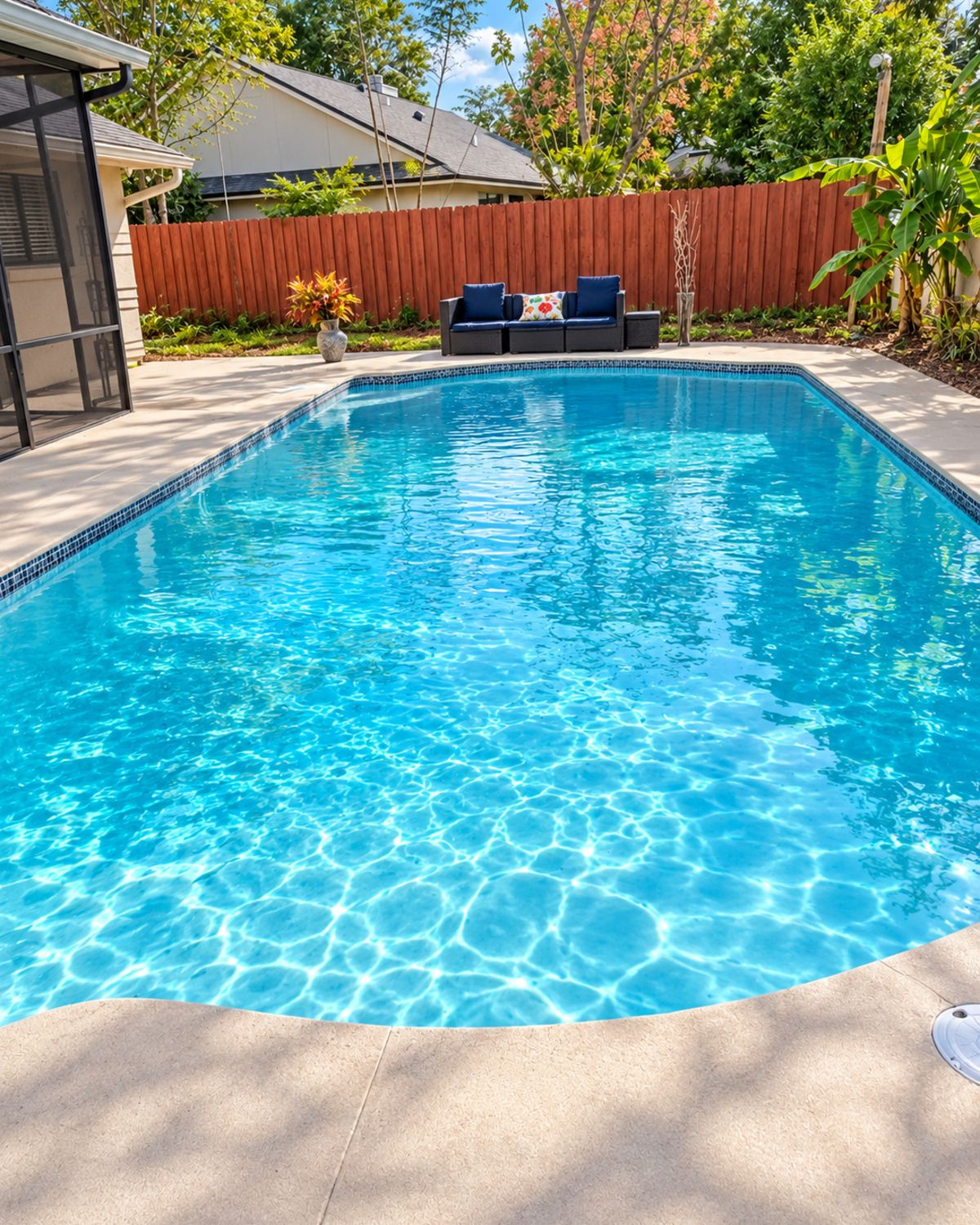A rectangular swimming pool with clear blue water, surrounded by a concrete deck.