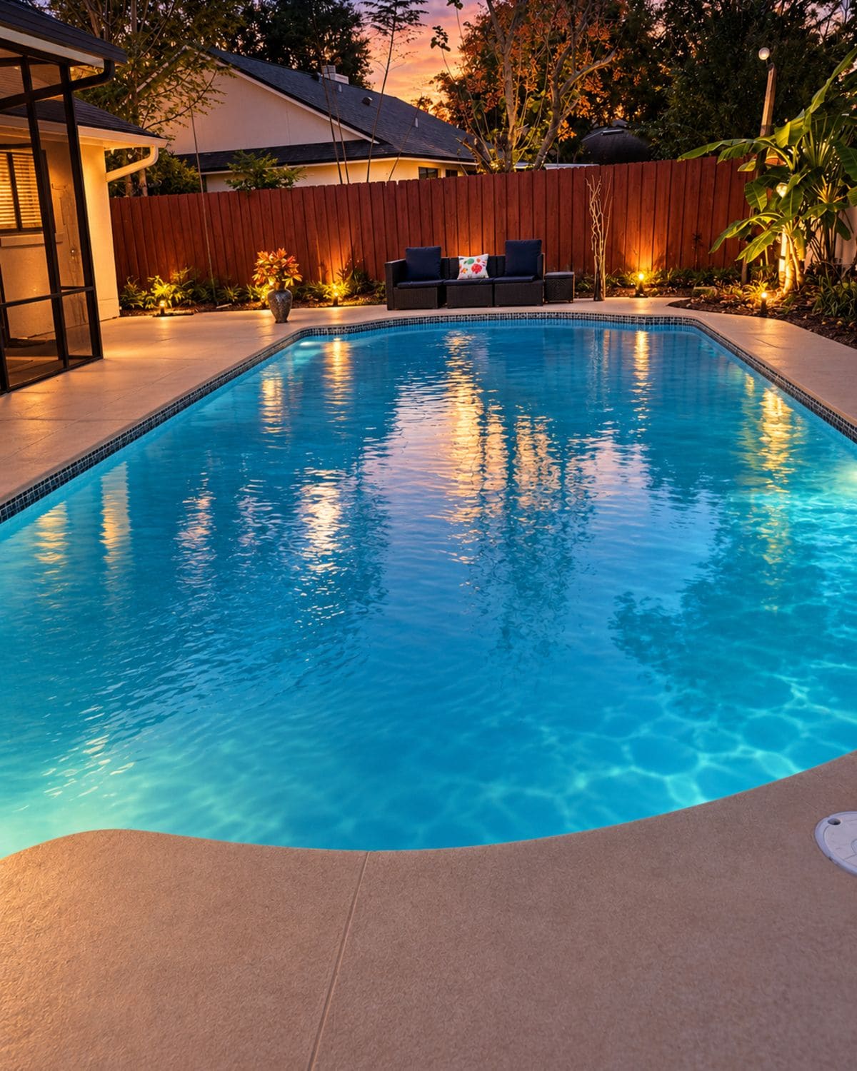 A rectangular swimming pool with a tiled edge, surrounded by a concrete deck.