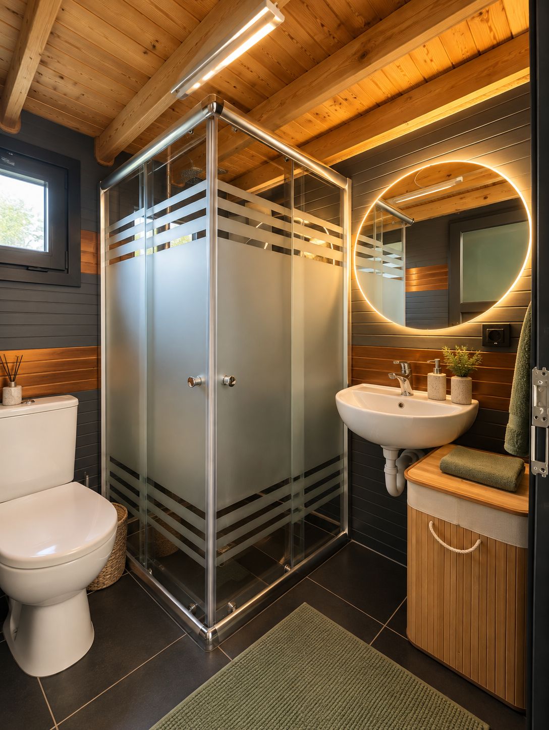 Une salle de bain moderne avec une douche à parois de verre, des toilettes blanches et un meuble-lavabo en bois avec un évier.