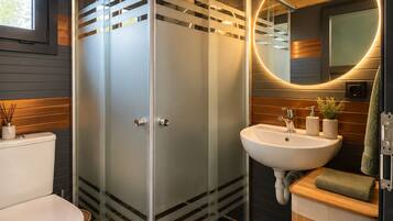 Une salle de bain moderne avec une douche à parois de verre, des toilettes blanches et un meuble-lavabo en bois avec un évier.