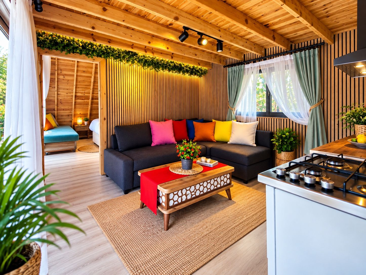 Een gezellig chaletinterieur met een houten plafond, een bank met kleurrijke kussens, een keukenhoek en een eettafel.