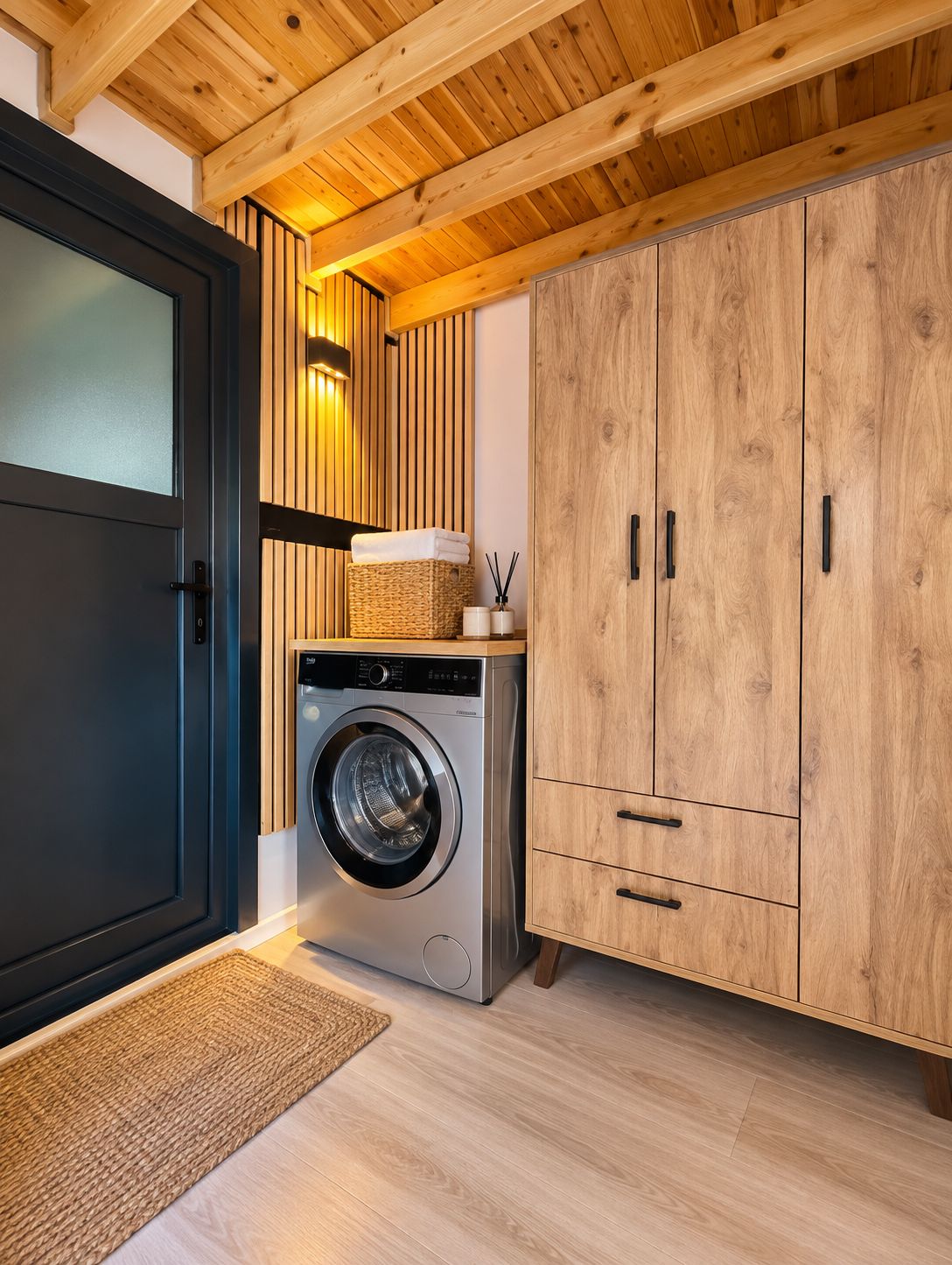 A laundry area with a washing machine, wooden cabinets, and a dark door.