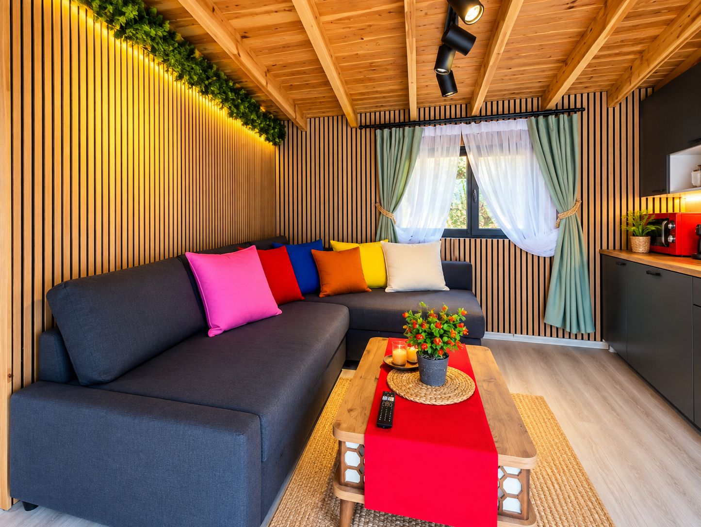 Un intérieur moderne avec un canapé d’angle, un plafond en bois et un coin cuisine.