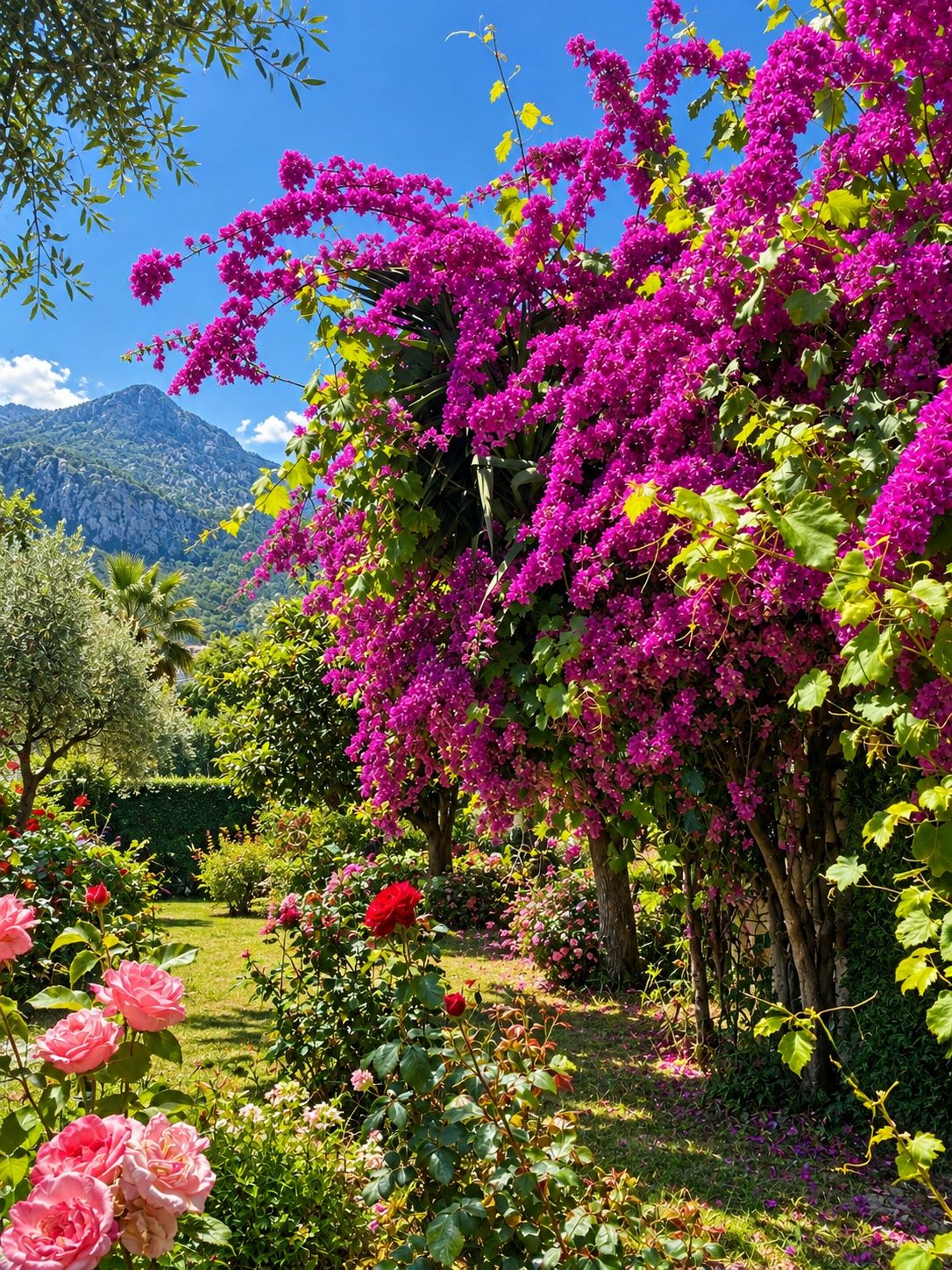 A garden with bougainvillea vines, roses, and a mountainous backdrop.