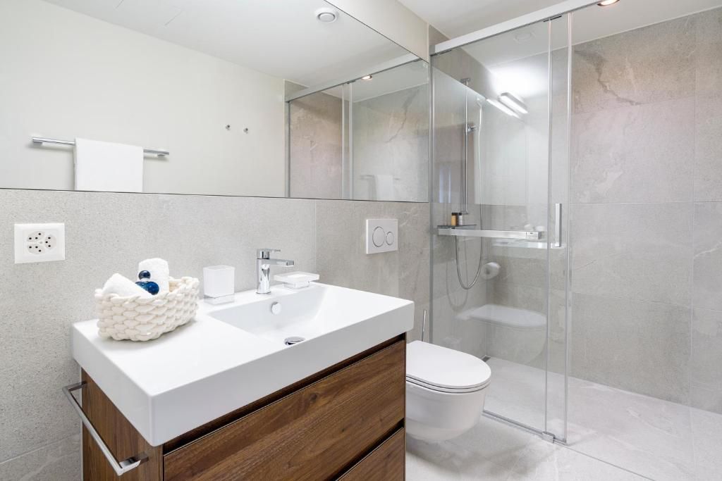 Un baño moderno con ducha de vidrio, lavamanos blanco y un inodoro.