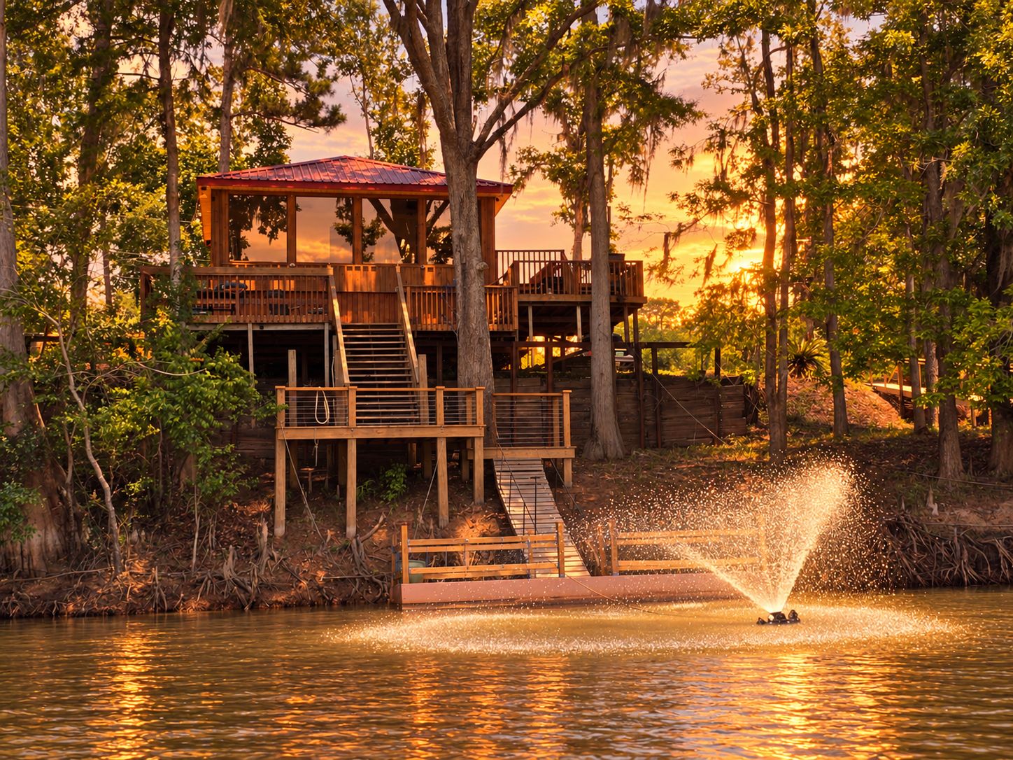 A wooden cabin with a red roof, surrounded by trees and a body of water.